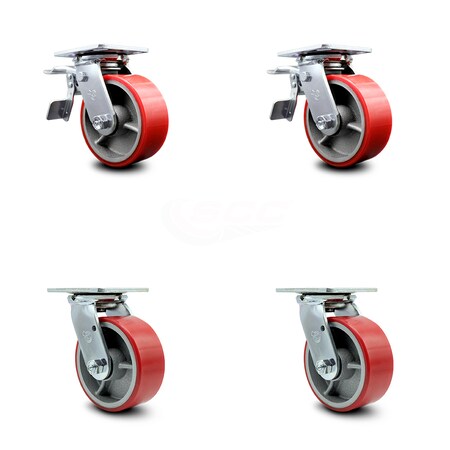 Service Caster 5 Inch Red Poly on Cast Iron Caster Set with Ball Bearing 2 Total Lock Brake SCC SCC-TTL30S520-PUB-RS-2-S-2